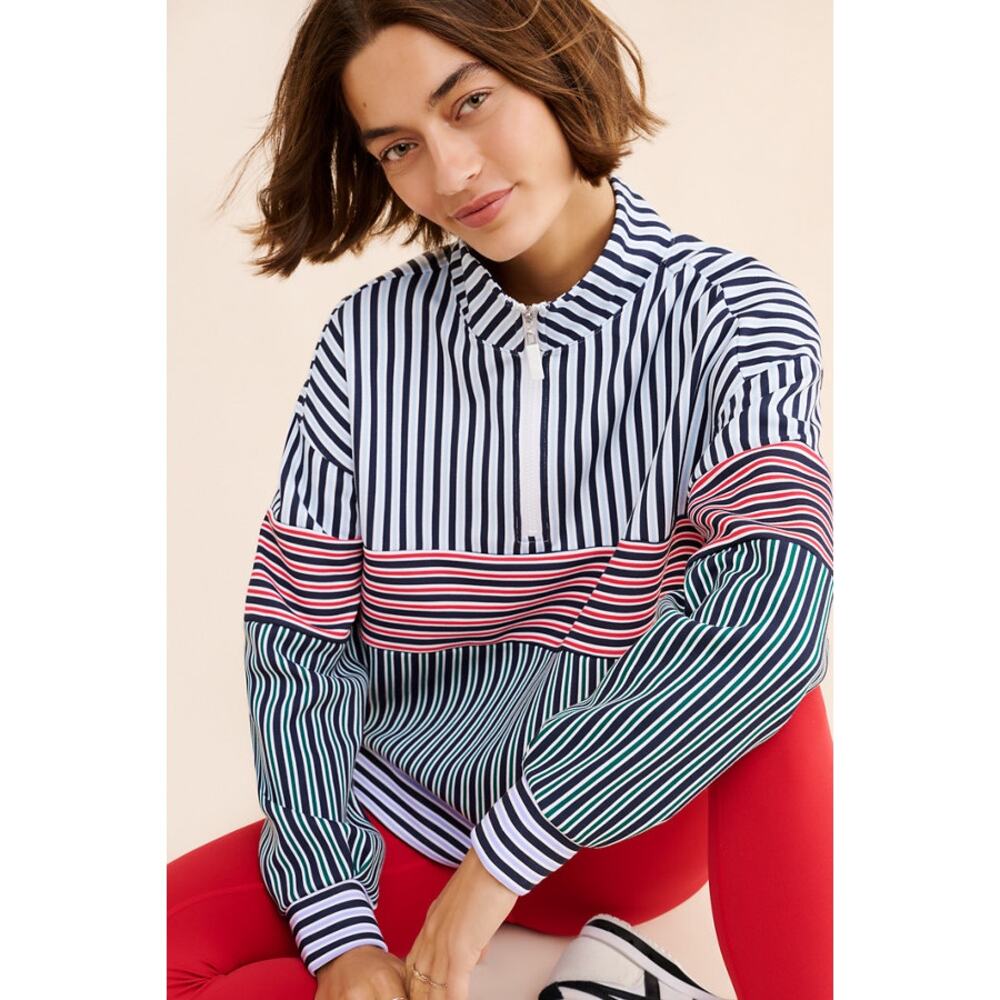 Addison Bay Soft Luxe Varsity Quarter Zip Sweatshirt S Navy Cherry Stripe Preppy